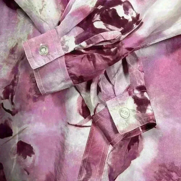 VINTAGE 90s 100% Pure Silk Pink Floral Button Up Blouse White Stitch Women Smal - Picture 6 of 11